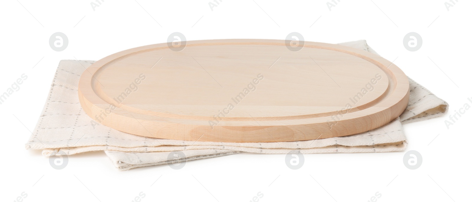 Photo of Wooden cutting board and checkered towel on white background