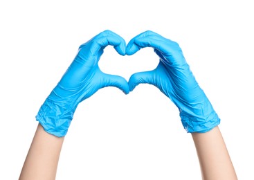 Photo of Doctor showing heart on white background, closeup of hands