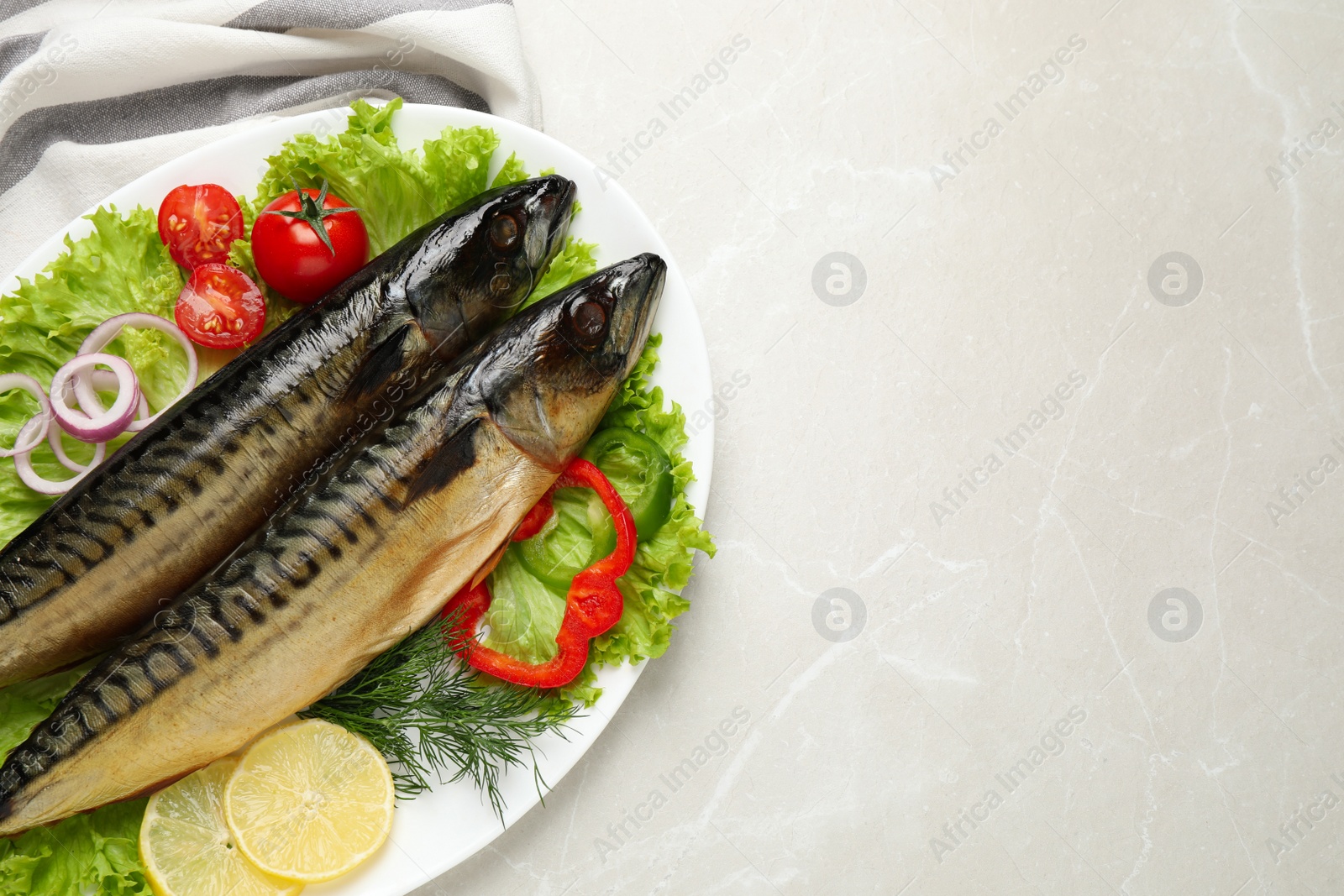 Photo of Tasty smoked fish on light grey marble table, top view. Space for text