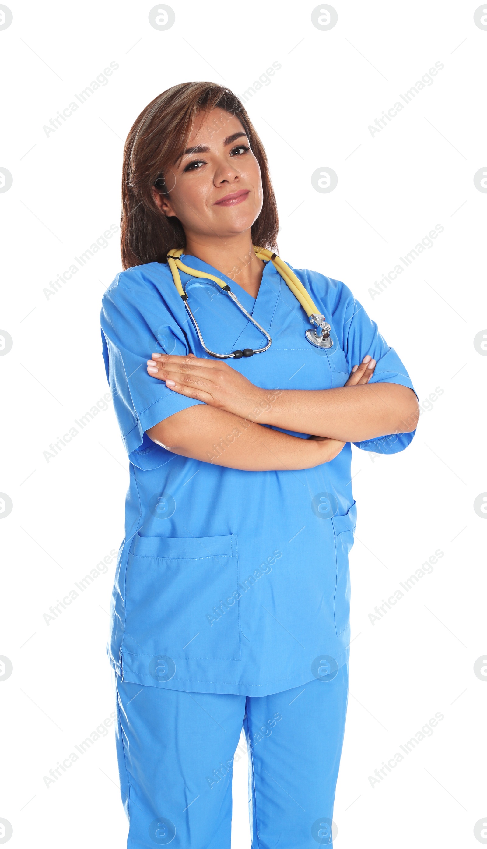 Photo of Portrait of female Hispanic doctor isolated on white. Medical staff