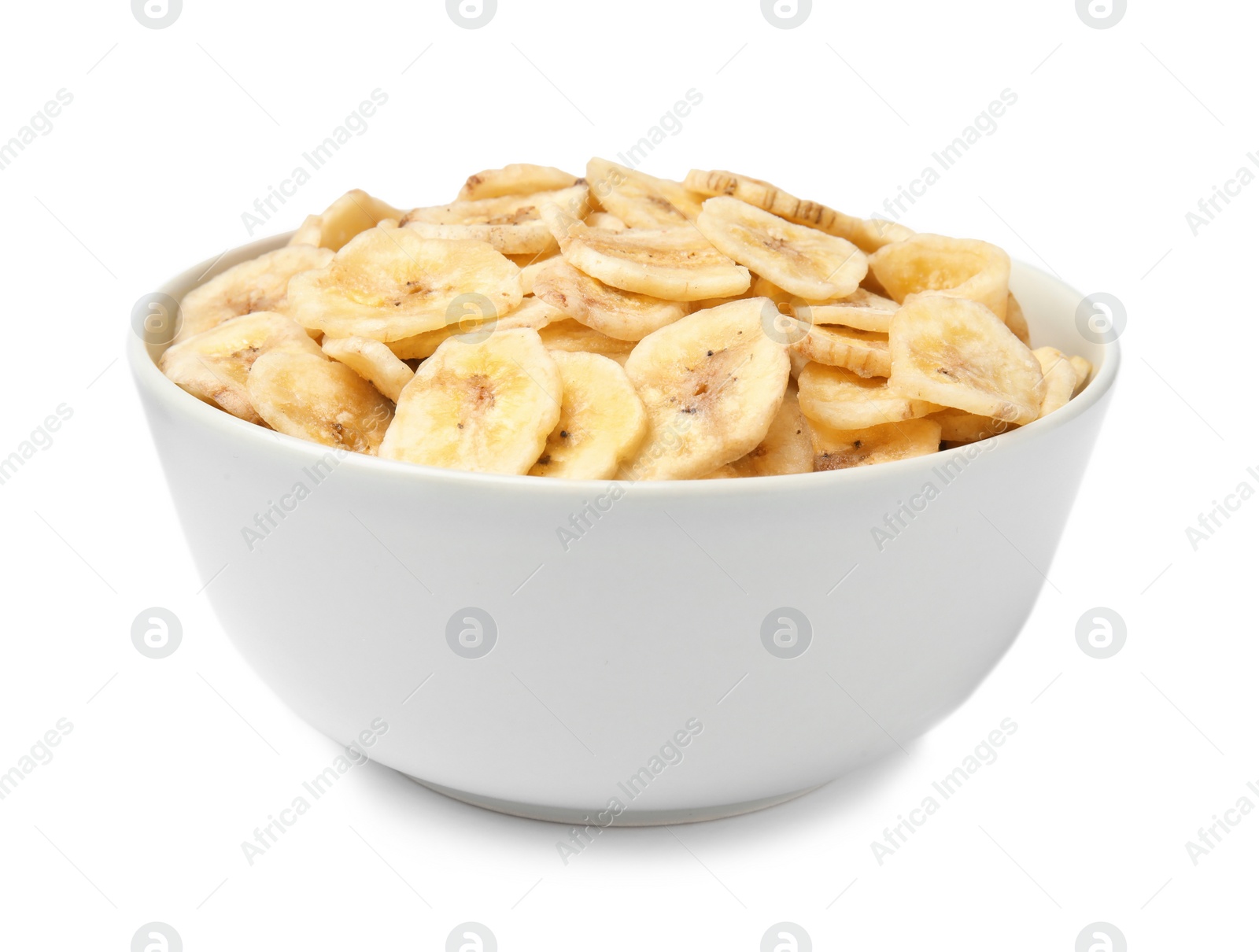 Photo of Bowl with sweet banana slices on white background. Dried fruit as healthy snack