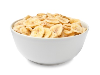 Photo of Bowl with sweet banana slices on white background. Dried fruit as healthy snack