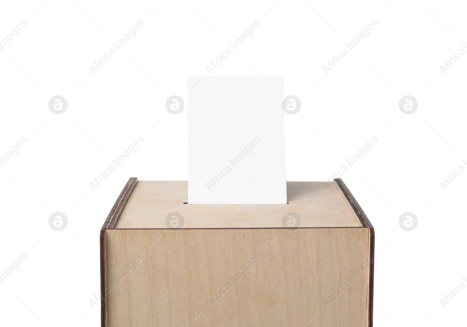 Photo of Wooden ballot box with vote isolated on white