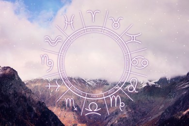 Image of Zodiac wheel beautiful view on mountains under cloudy sky