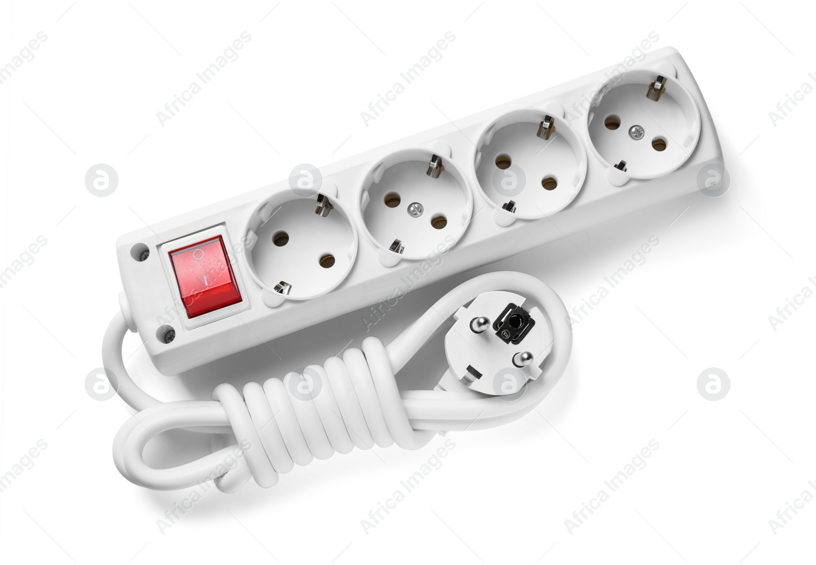 Photo of Power strip isolated on white, top view. Electrician's equipment