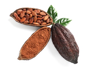 Photo of Composition with cocoa products on white background, top view