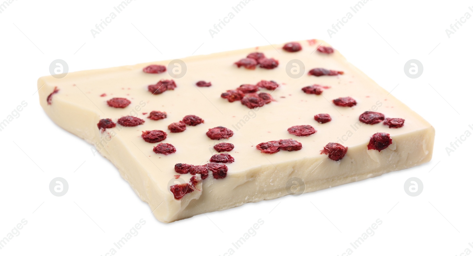 Photo of Half of chocolate bar with freeze dried red currants isolated on white