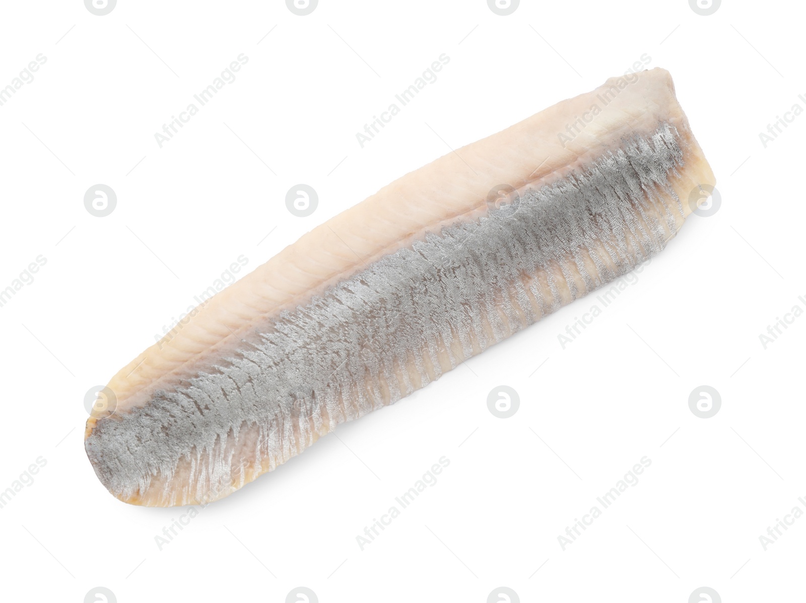 Photo of Delicious salted herring fillet isolated on white, top view