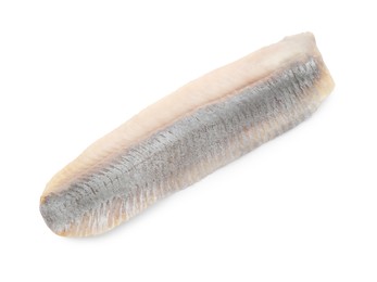 Photo of Delicious salted herring fillet isolated on white, top view