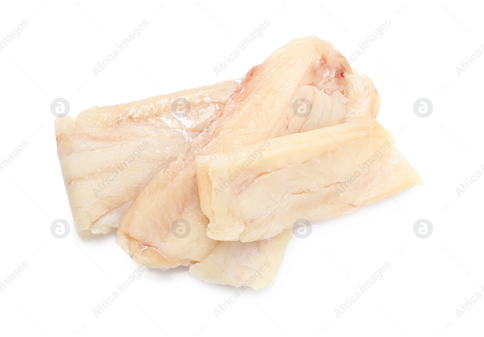 Photo of Pieces of raw cod fish isolated on white, top view