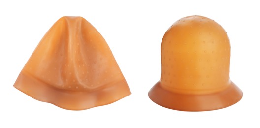 Image of Rubber waterproof shower caps on white background, collage 