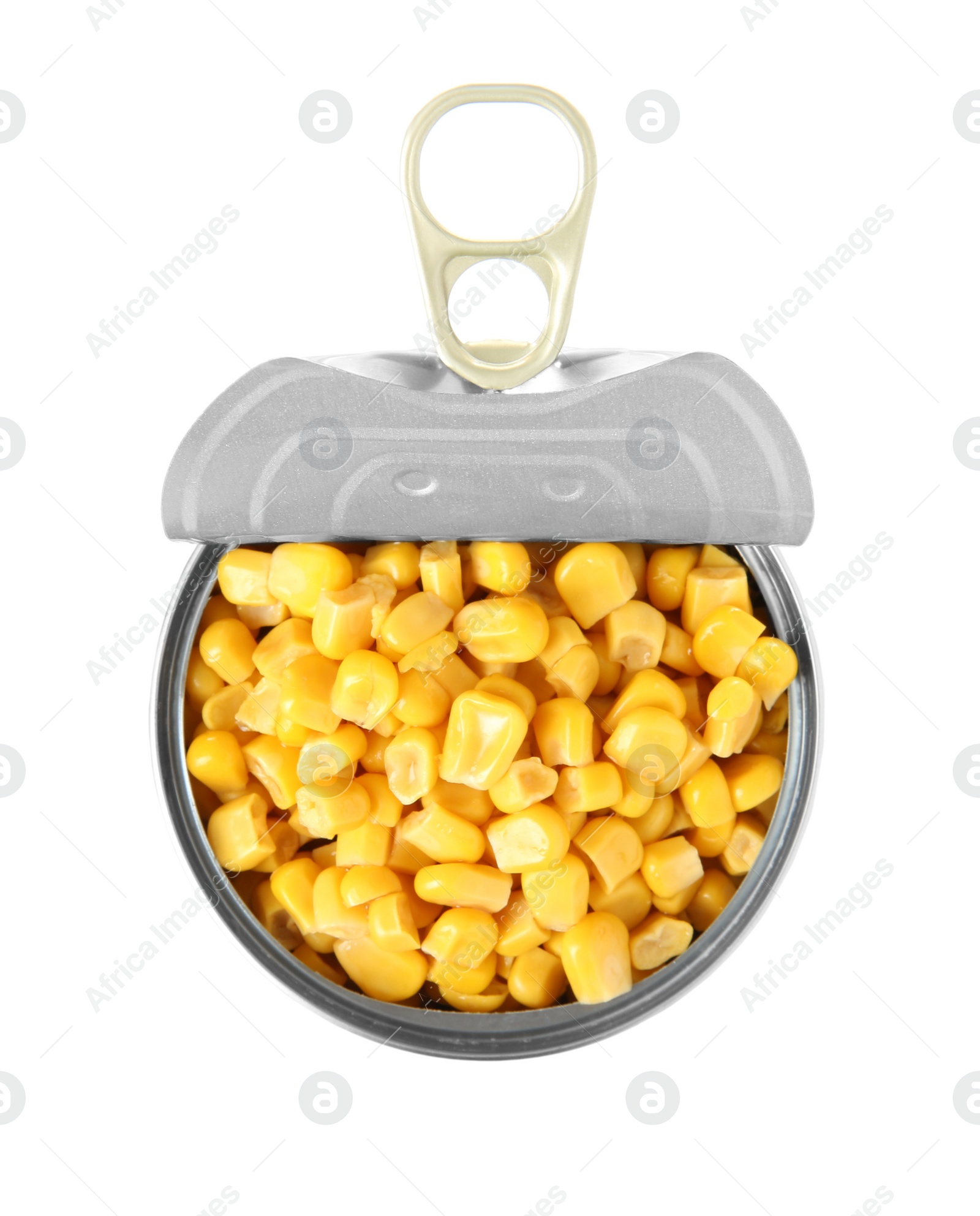 Photo of Open tin can of corn kernels isolated on white, top view