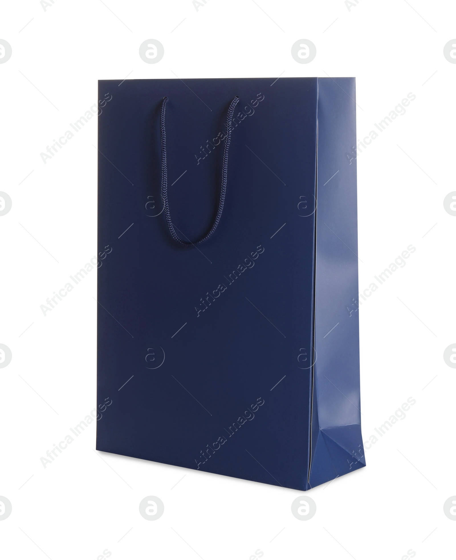 Photo of One dark blue shopping bag isolated on white