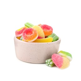 Photo of Bowl of tasty colorful jelly candies on white background