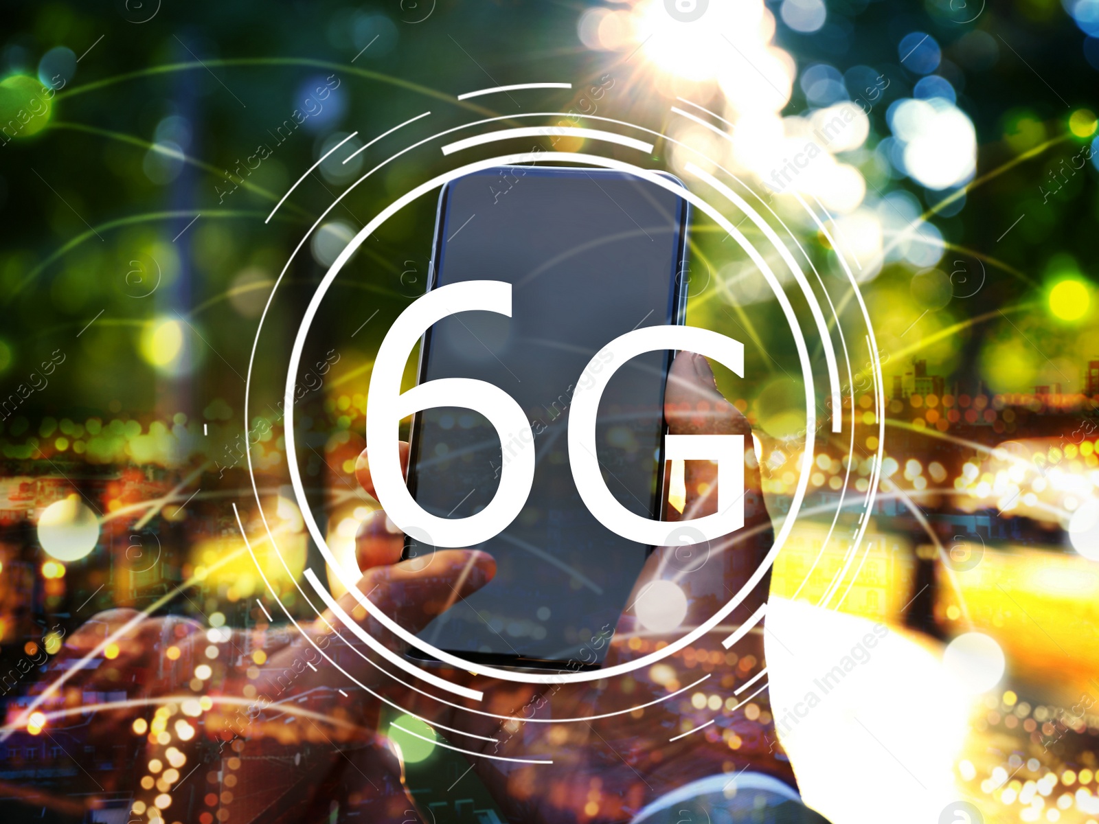 Image of Man using smartphone with 6G network system, closeup. Double exposure 