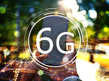 Image of Man using smartphone with 6G network system, closeup. Double exposure 
