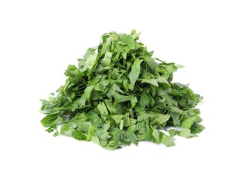 Photo of Heap of chopped parsley leaves isolated on white