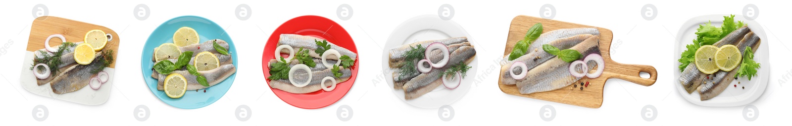 Image of Set with delicious salted herring fillets on white background, top view. Banner design