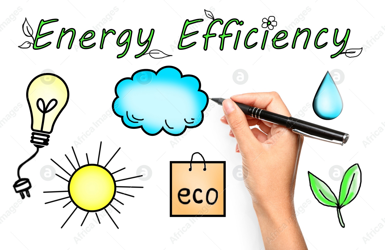 Image of Energy efficiency concept. Woman drawing on white background, closeup