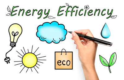 Image of Energy efficiency concept. Woman drawing on white background, closeup
