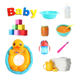 Image of Set with different baby accessories on white background 