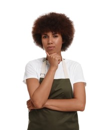 Photo of Thoughtful young woman in apron on white background