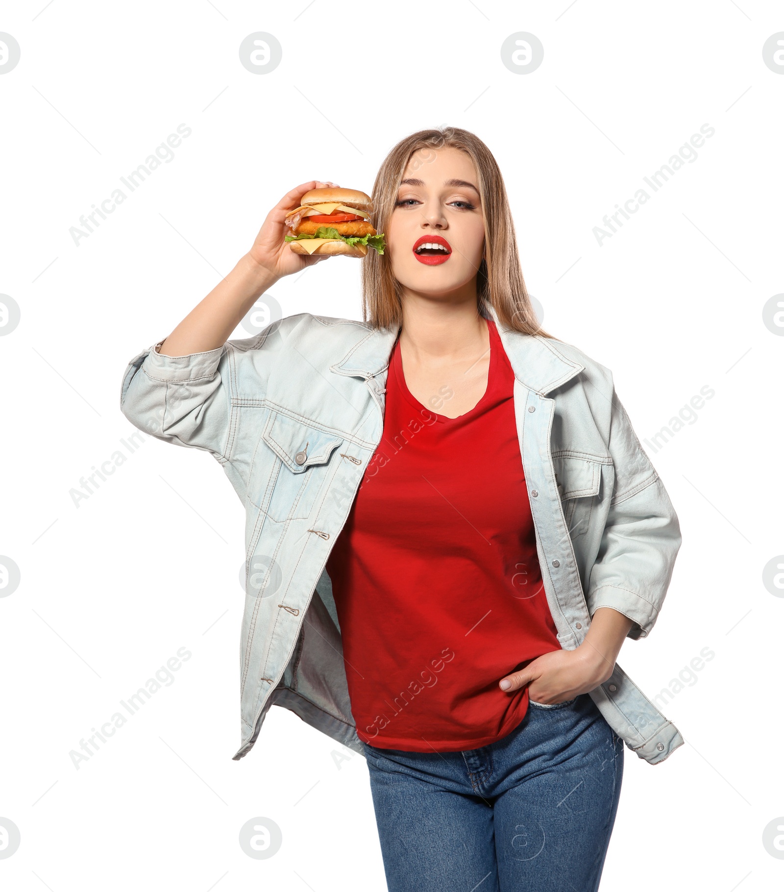 Photo of Pretty woman with tasty burger isolated on white