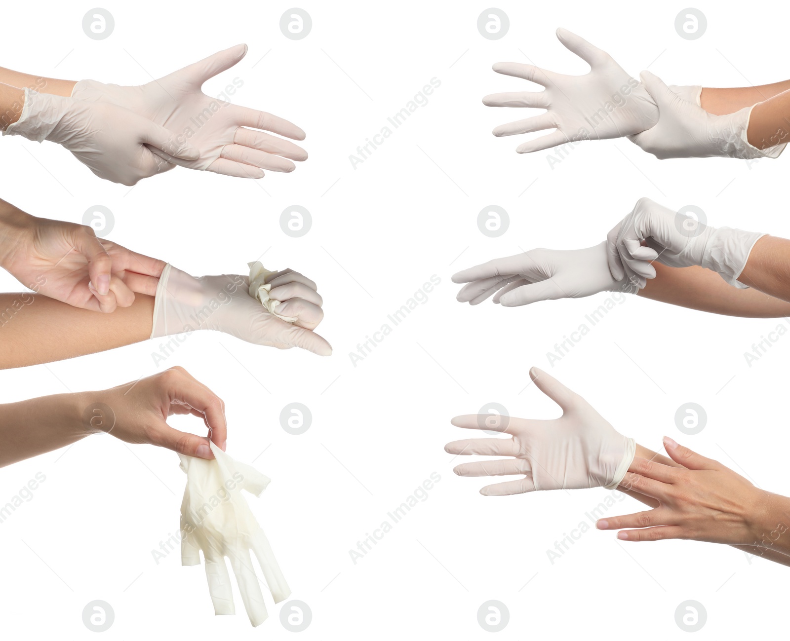 Image of Right way to take off medical gloves. Collage with photos of woman showing process on white background, closeup