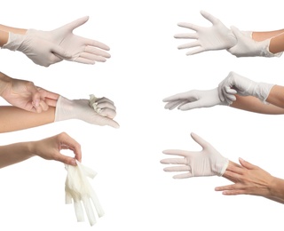 Image of Right way to take off medical gloves. Collage with photos of woman showing process on white background, closeup