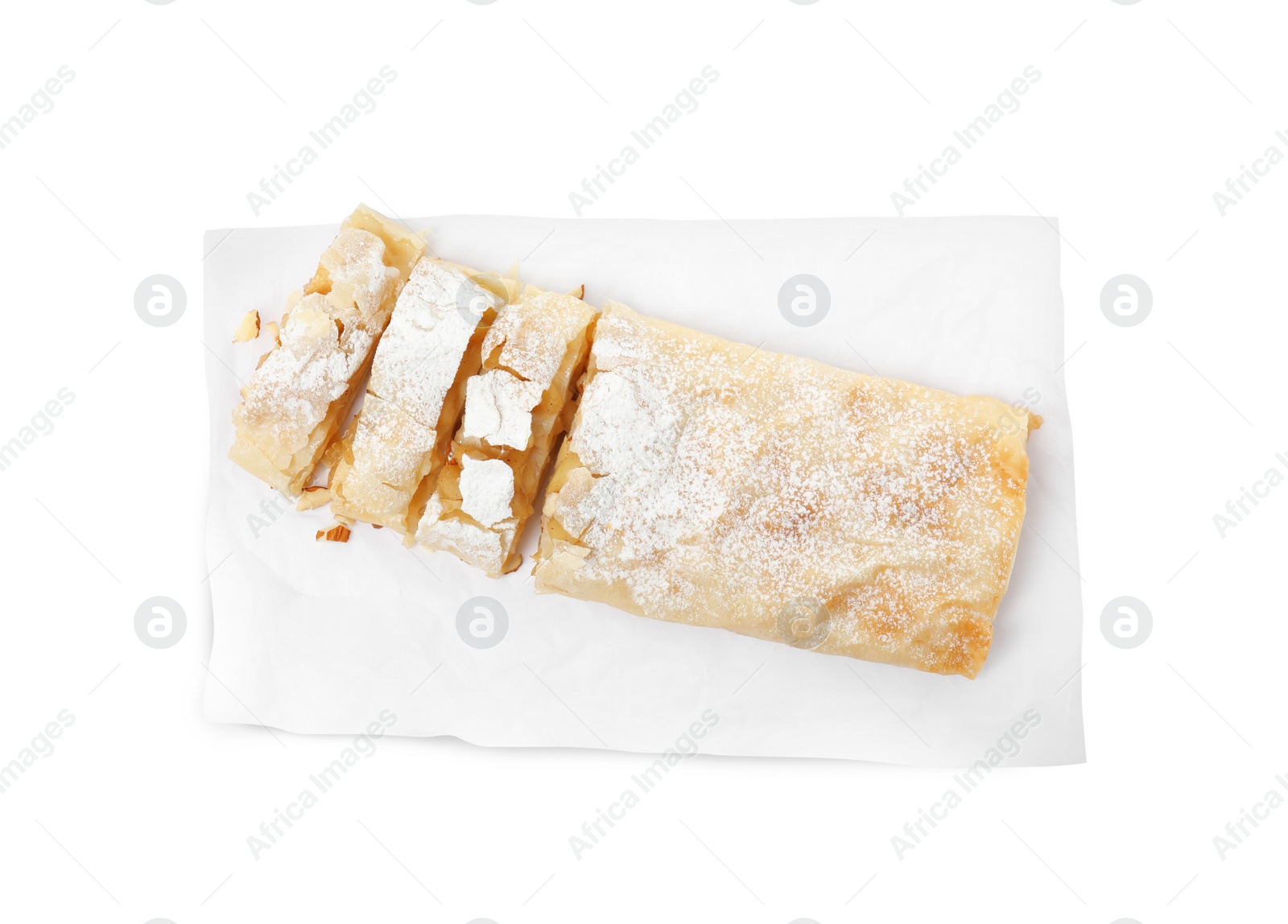 Photo of Delicious apple strudel with almonds and powdered sugar on white background, top view