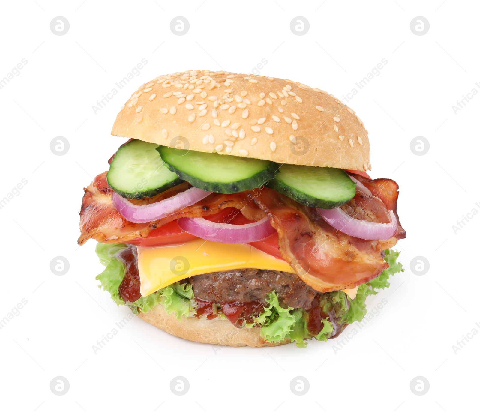 Photo of Tasty burger with bacon, vegetables and patty isolated on white