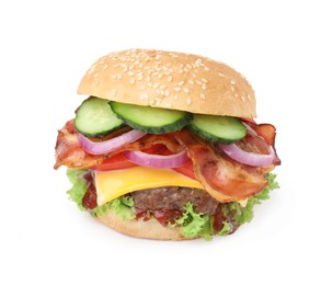 Tasty burger with bacon, vegetables and patty isolated on white