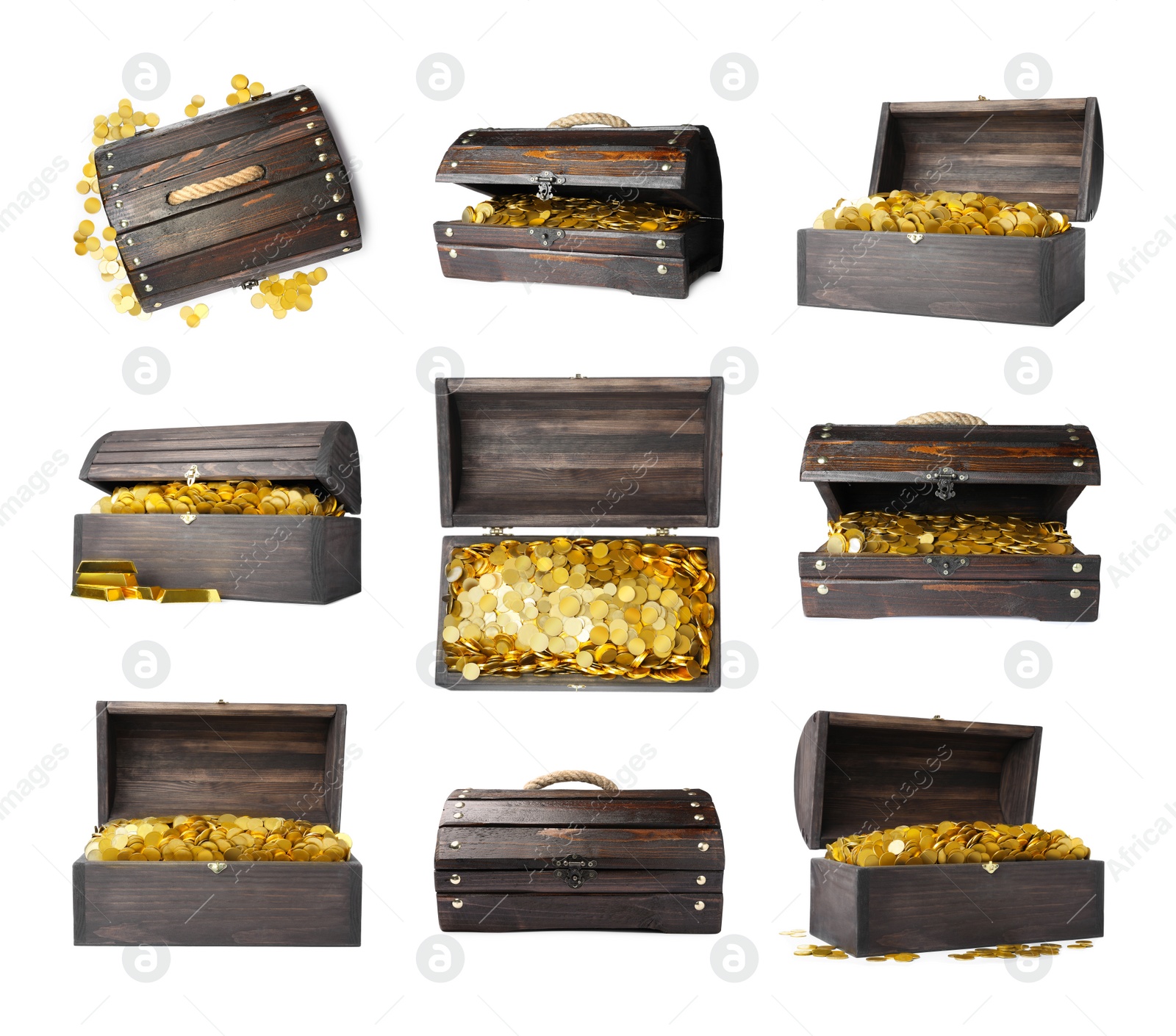 Image of Set with treasure chests full of gold coins on white background 