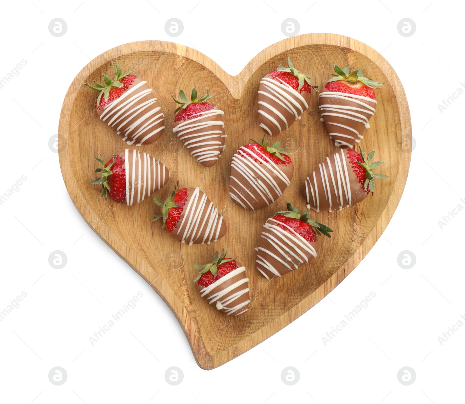 Photo of Heart shaped plate with delicious chocolate covered strawberries isolated on white, top view