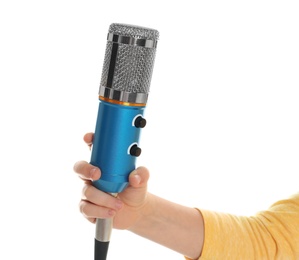 Photo of Child holding microphone on white background, closeup