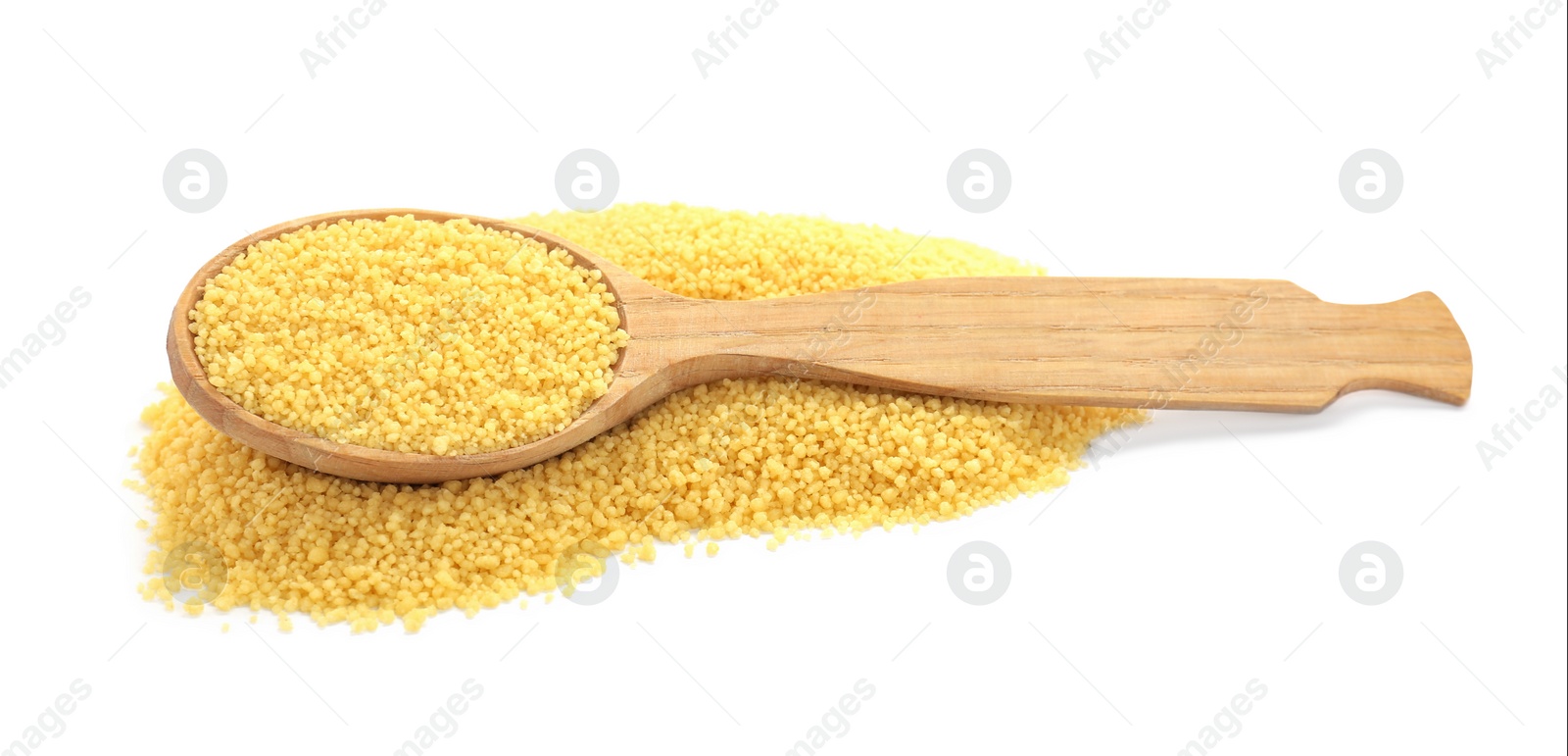 Photo of Wooden spoon with raw couscous on white background