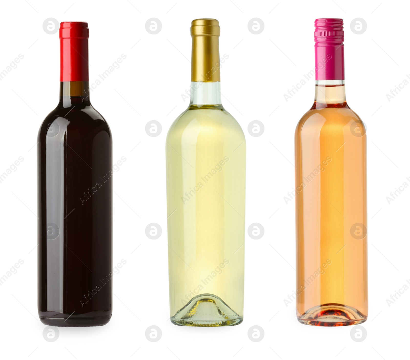 Image of Bottles of white, rose and red wine isolated on white