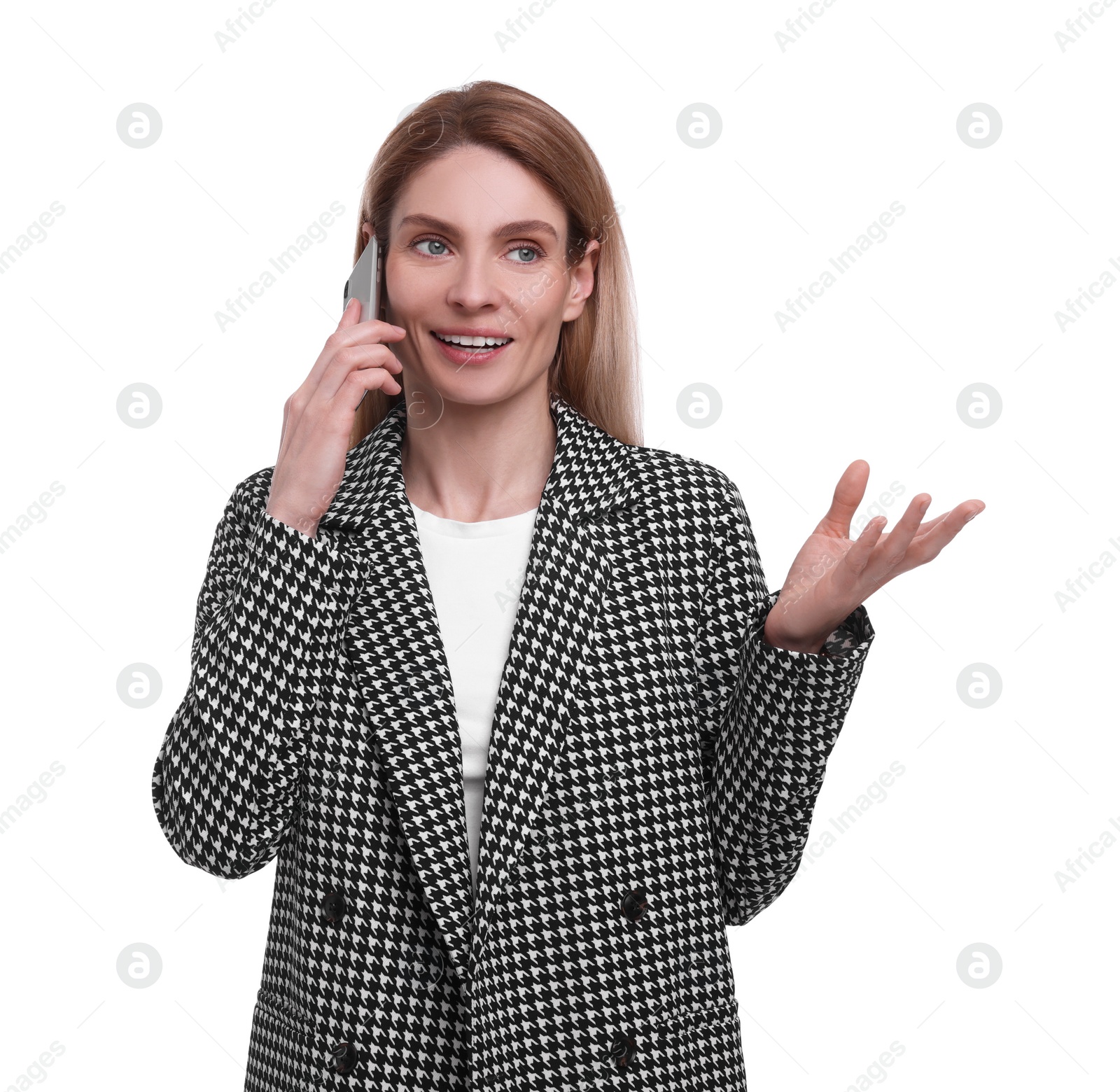 Photo of Beautiful happy businesswoman talking on smartphone against white background