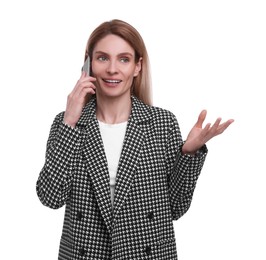 Photo of Beautiful happy businesswoman talking on smartphone against white background