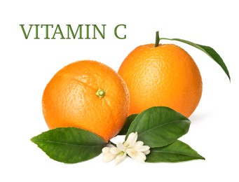 Image of Source of Vitamin C. Tasty fresh ripe oranges on white background