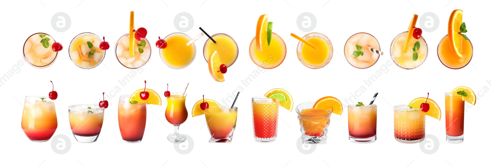 Image of Set of Tequila Sunrise cocktails on white background. Banner design