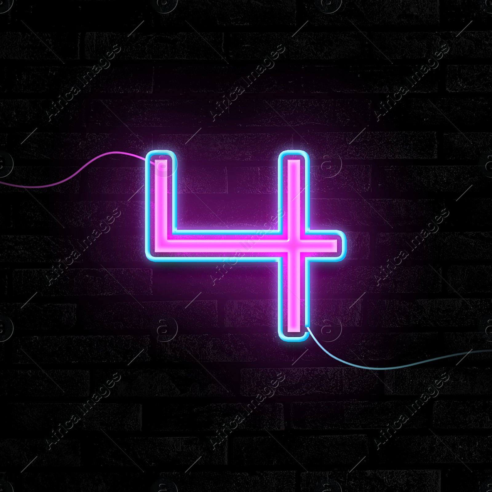 Image of Glowing neon number 4 sign on brick wall