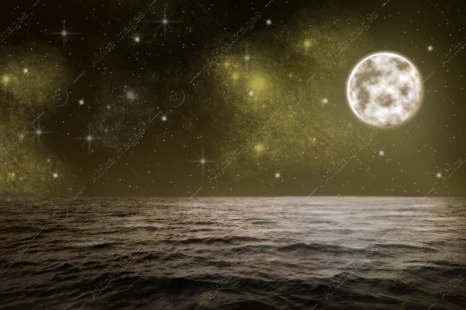 Image of Beautiful full moon in starry sky over sea at night