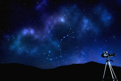 Image of Scorpius (Scorpion) constellation in starry sky over mountain at night. Stargazing with telescope