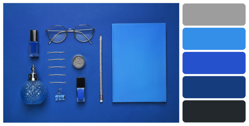 Flat lay composition inspired by color of the year 2020  (Classic blue) on bright background