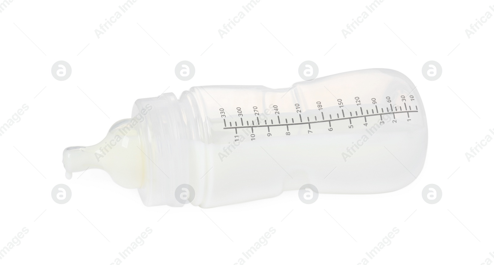 Photo of One feeding bottle with infant formula on white background