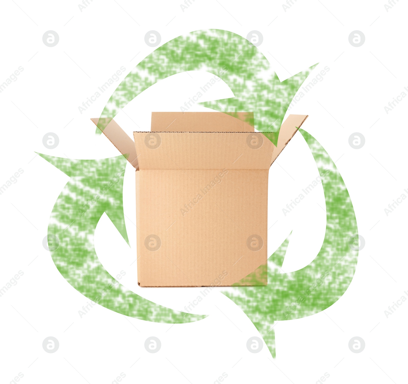 Image of Cardboard box and recycling symbol on white background