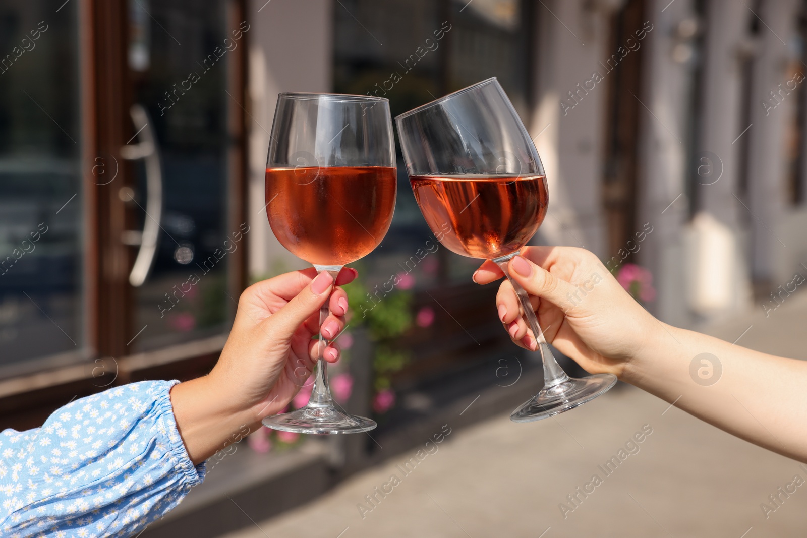 Photo of Women clinking glasses with rose wine outdoors, closeup