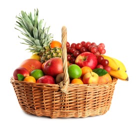 Wicker basket with different fresh fruits isolated on white