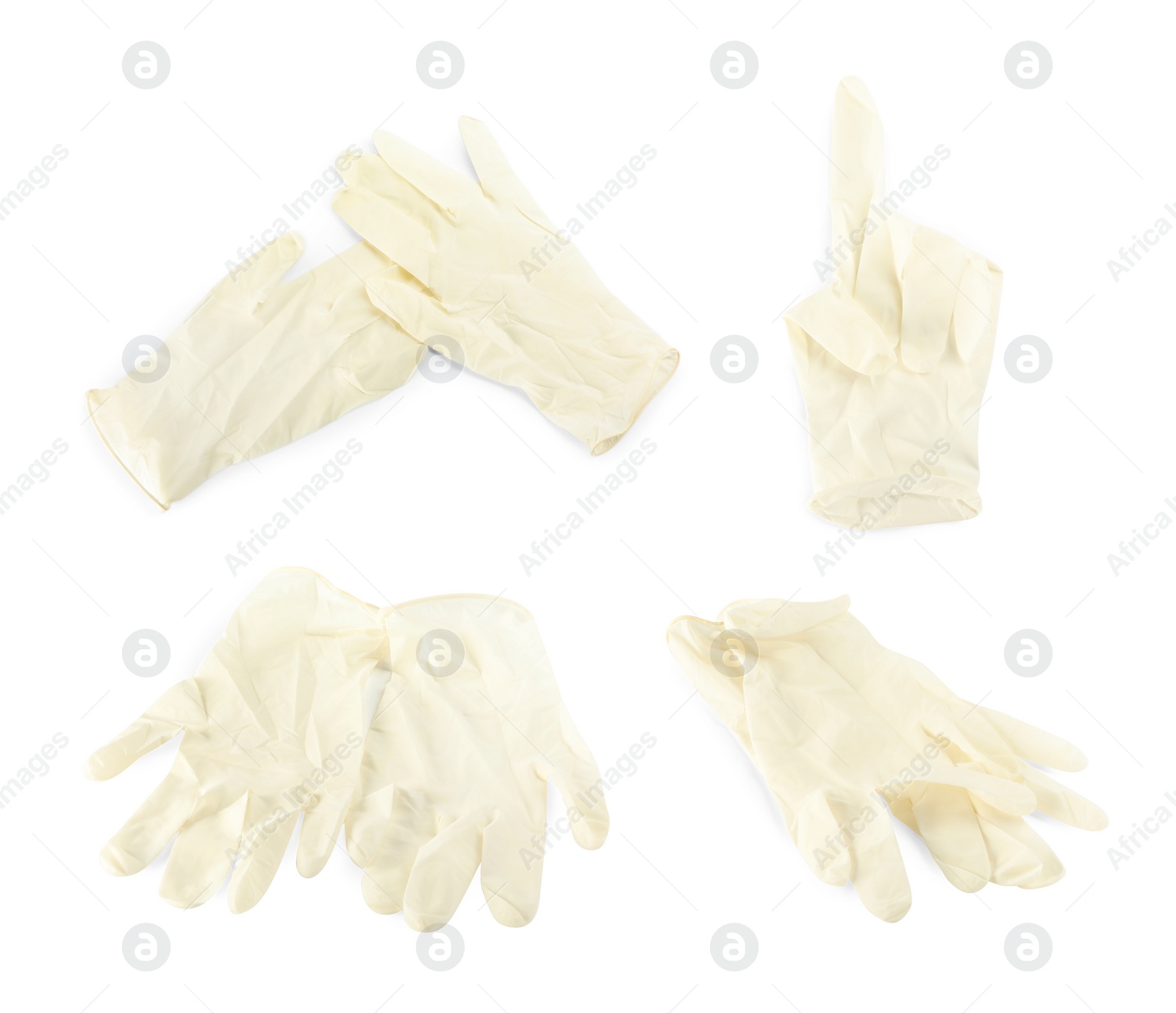 Image of Set of medical gloves on white background